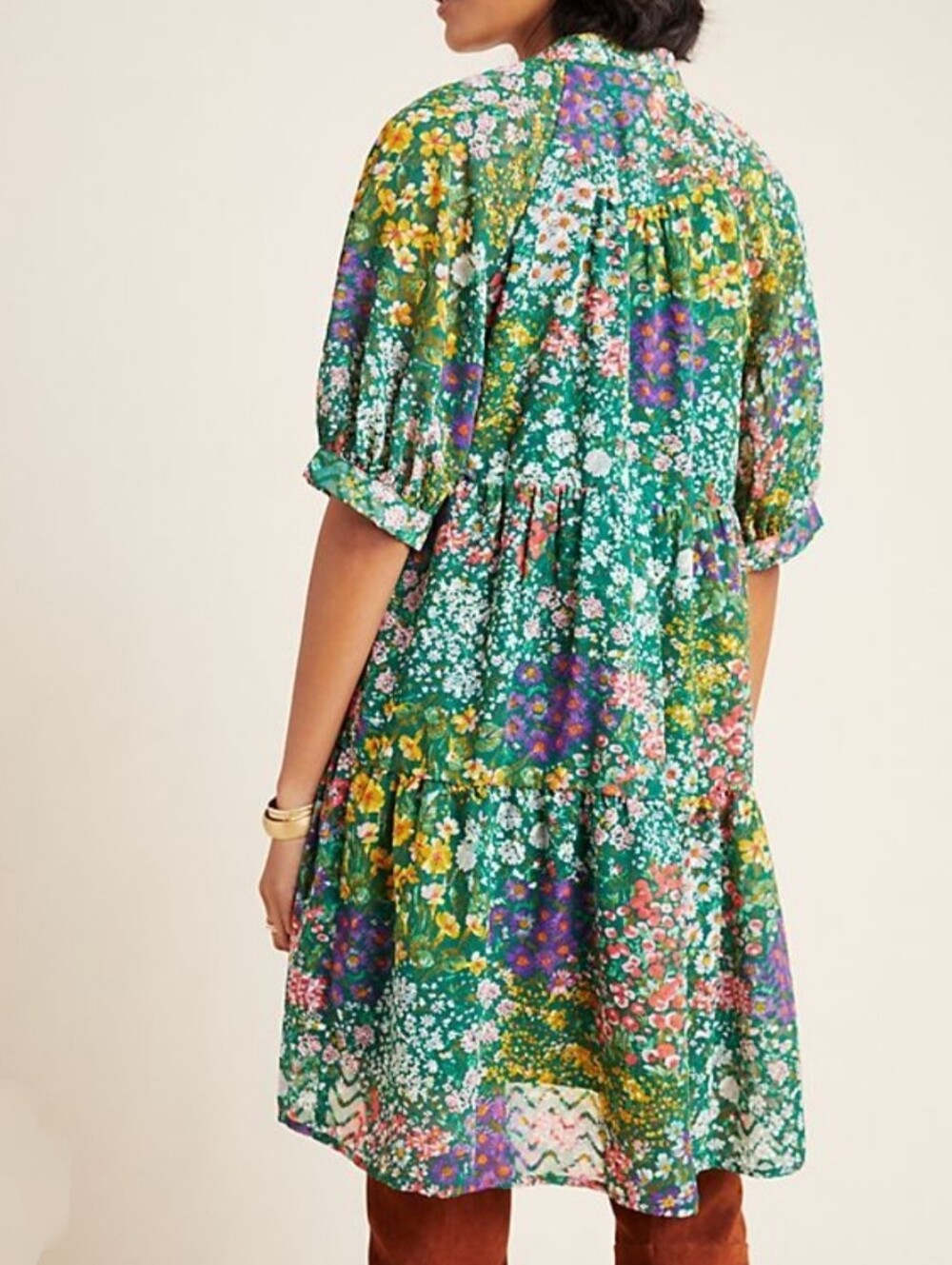 Maeve (Sz M) Multicolor Floral V-Neck Semi-sheer SS Tiered Skirt Hem Midi Dress - Picture 15 of 16